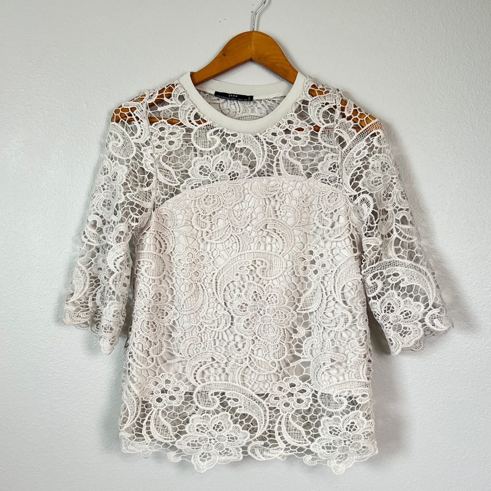 Zara Light Gray Lace Crochet with Inlay 3/4 Sleeve Top - Picture 2 of 6